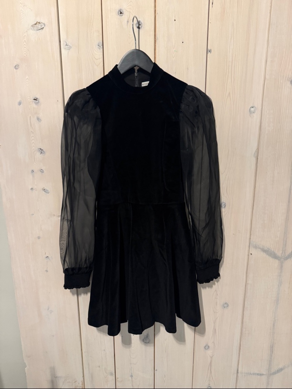 Alice + Olivia Black Velvet Mini Dress with Sheer Puff Sleeves